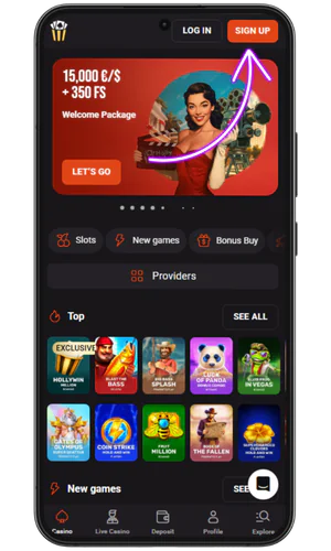 Sing Up button HollyWin